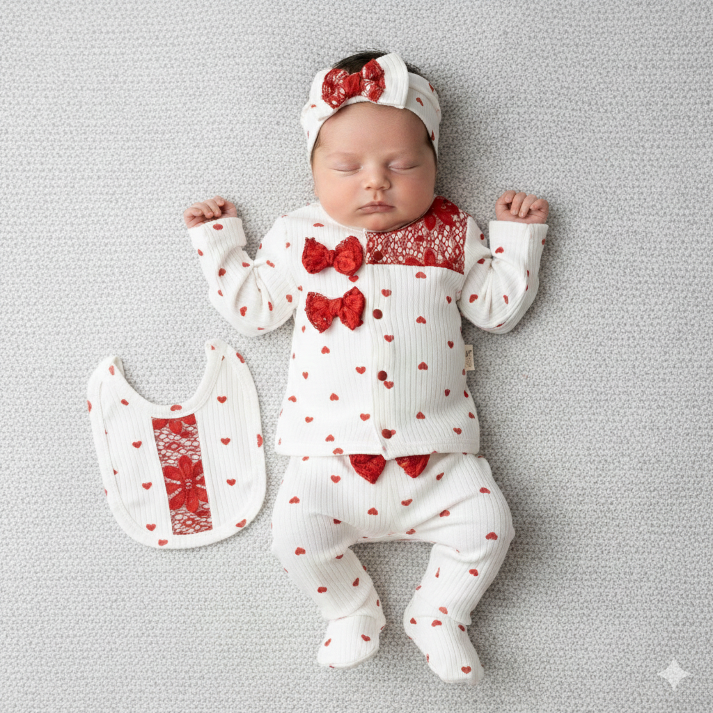 Set 5 pezzi Neonata/ Bimba con Dettagli in Pizzo e Cuoricini Rossi in Cotone