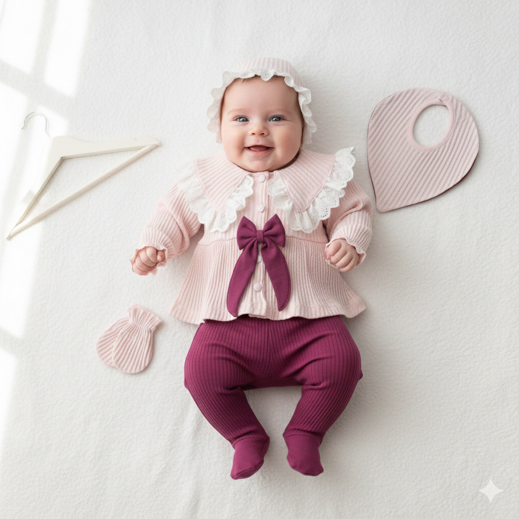 Set 5 Pezzi Neonata Elegante in Maglia  Rosa Cipria