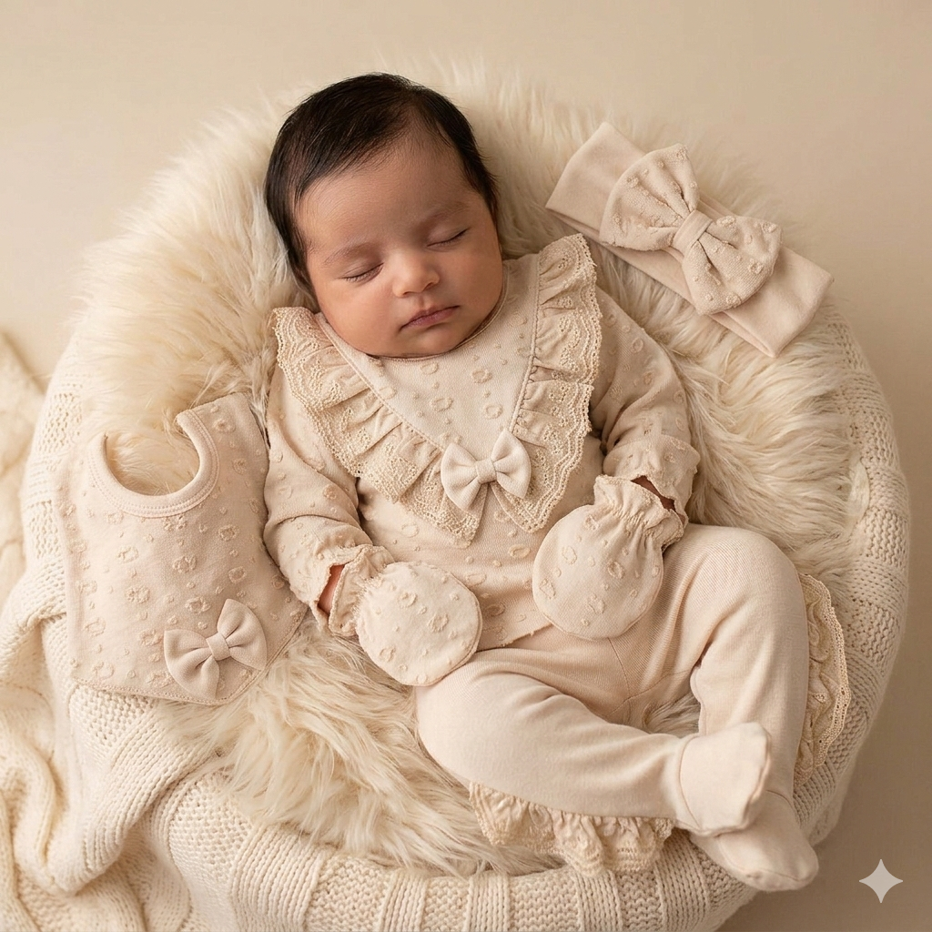 Set  5pz bimba/ neonata con Dettagli in Pizzo 100% cotone 0-3 mesi