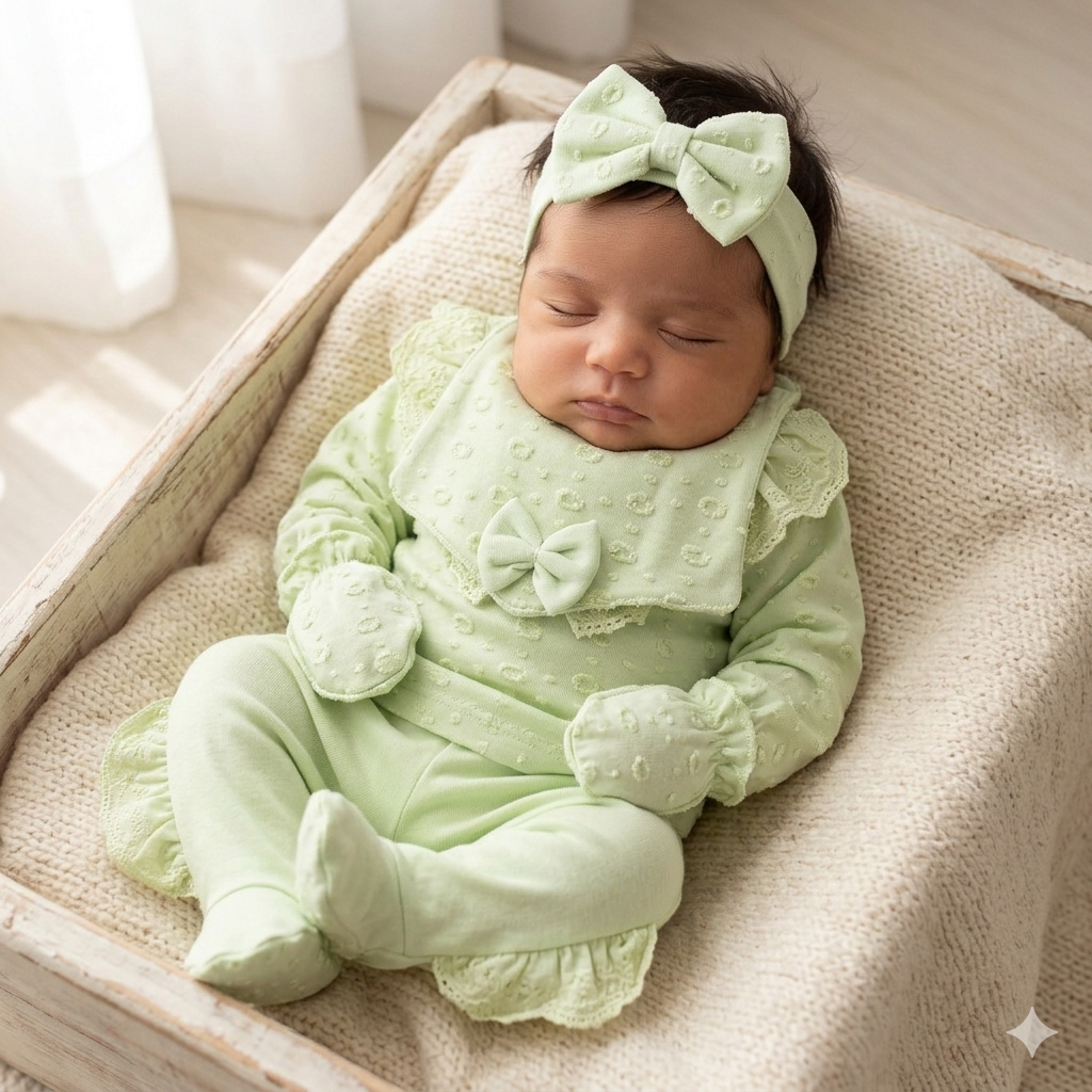 Set Neonata/ Bimba con Dettagli in Pizzo in cotone Verde 5 pezzi