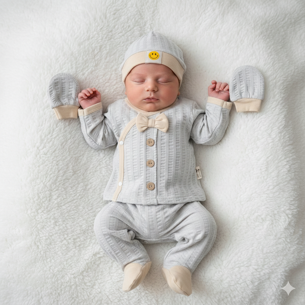 Set Neonato/ Bimbo 5 Pezzi in Cotone Eleganza e Comfort- Grigio e Beige