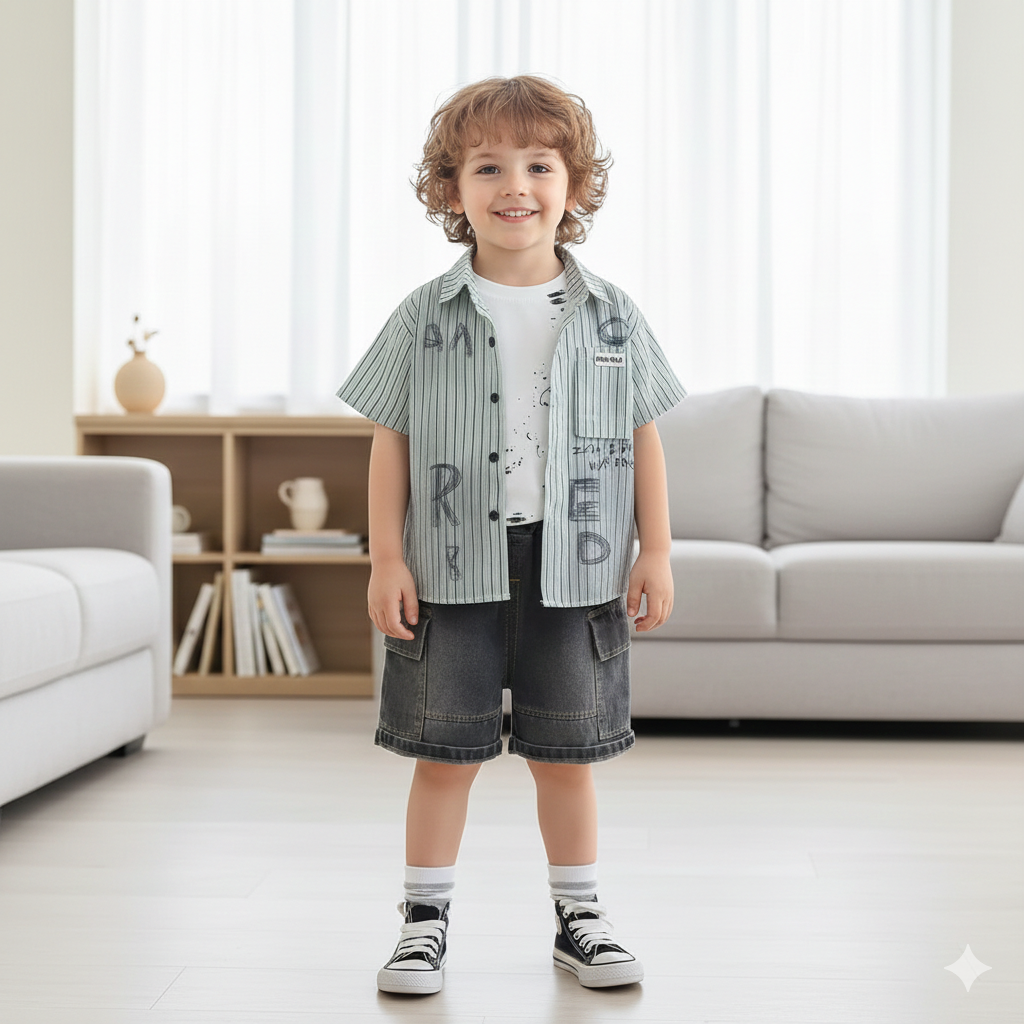 Completo Estivo Bimbo "Urban Style" - Camicia, T-shirt e Shorts in Denim