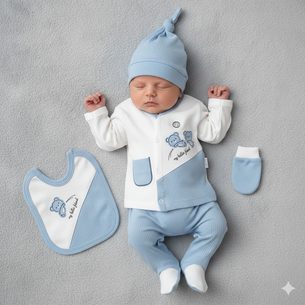 Set Nascita Cotone Neonato/ Bimbo  5 Pezzi – Orsetti con Papillon