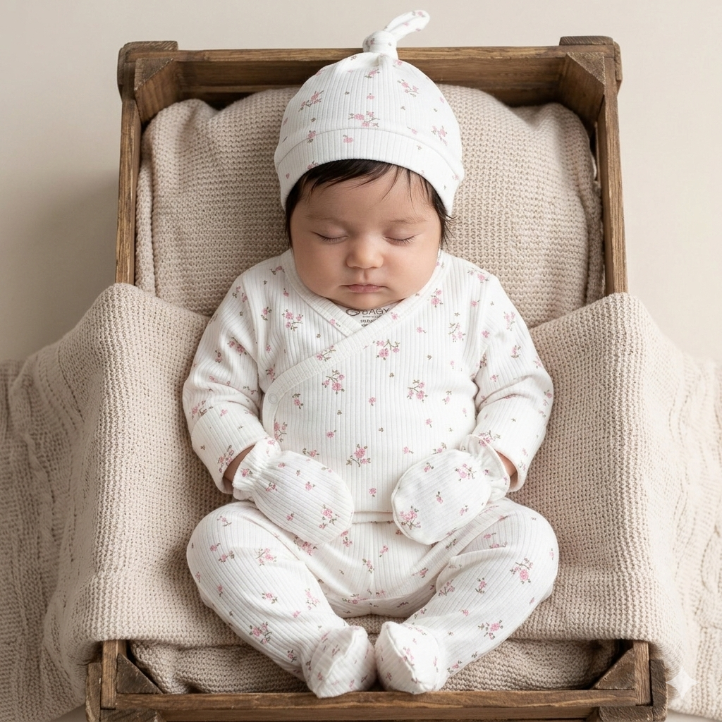Set 3 pezzi Neonata/ bimba  in Cotone con Fiori bianco