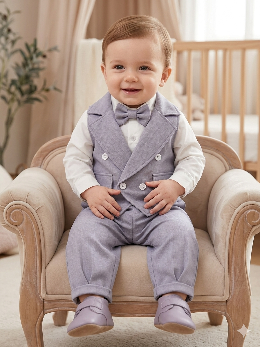 Completo elegante bambino 3 pezzi - Camicia, gilet e pantaloni lilla con papillon