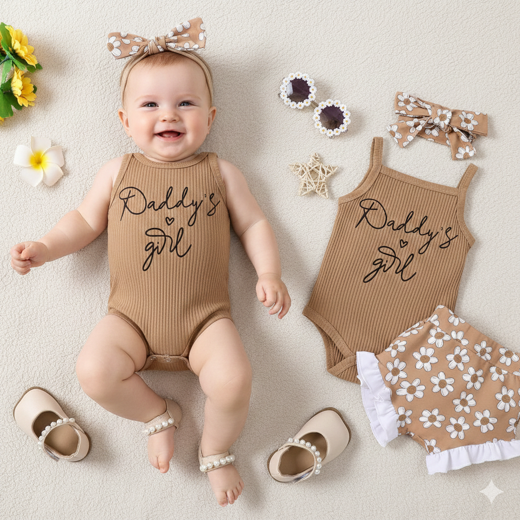 Completo Estivo Neonata  Body "Daddy’s Girl", Shorts a Fiori e Fascia