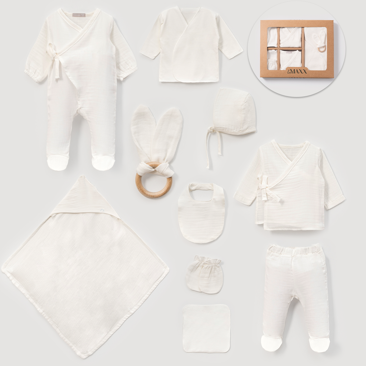 Corredino Neonato/ a 10 Pezzi in Mussola di Cotone