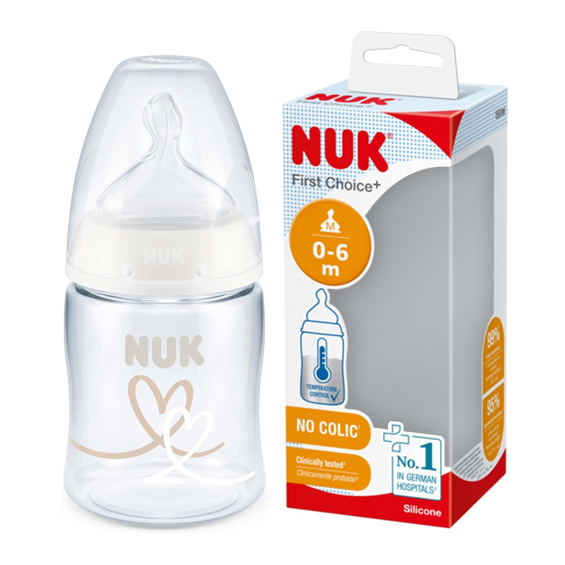 NUK First Choice+ biberon 0-6 mesi Controllo della temperatura Ciuccio in silicone Valvola anticolica | Senza BPA | 150 ml
