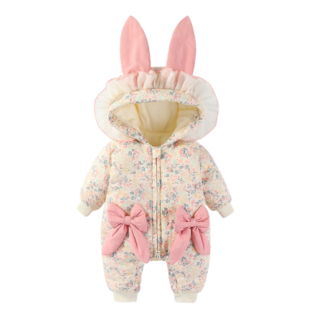 Tuta Imbottita Neonato con Orecchie da Coniglio e Fiocchi Rosa – Invernale Calda