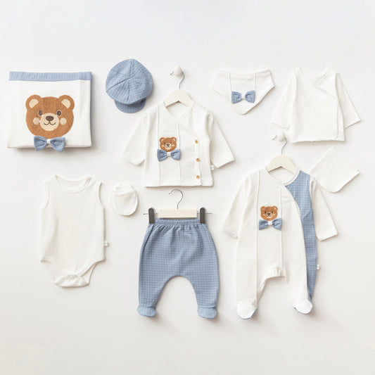 Set Corredino  Neonato Maschietto 10 Pezzi con Orsetto Ricamato – Azzurro Elegante (0-3 mesi)