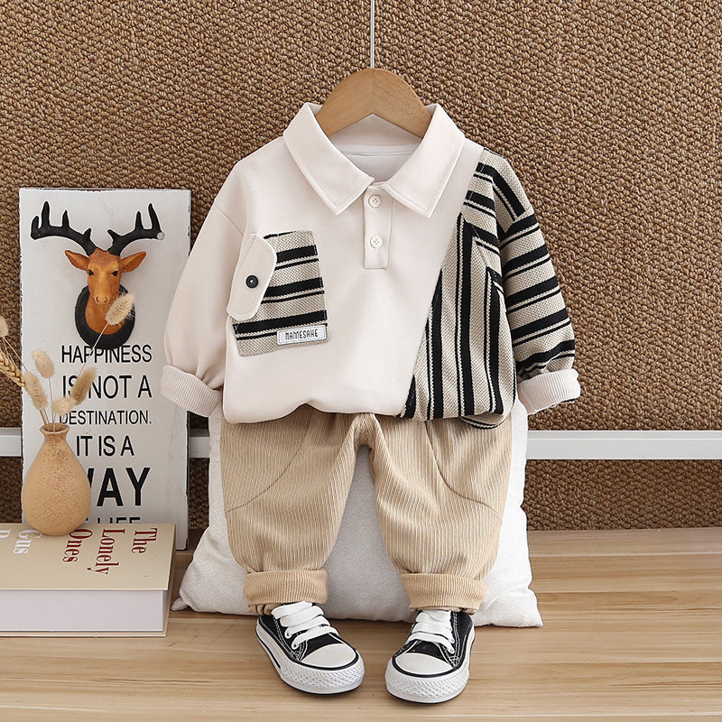 Completo Casual Bambino  Maglia Polo Patchwork e Pantaloni in Velluto