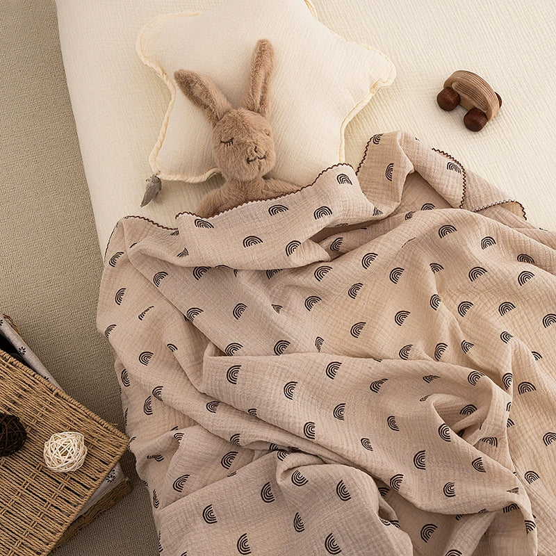 Copertina Neonato 100x130 cm in Puro Cotone – Motivo Arcobaleno Beige