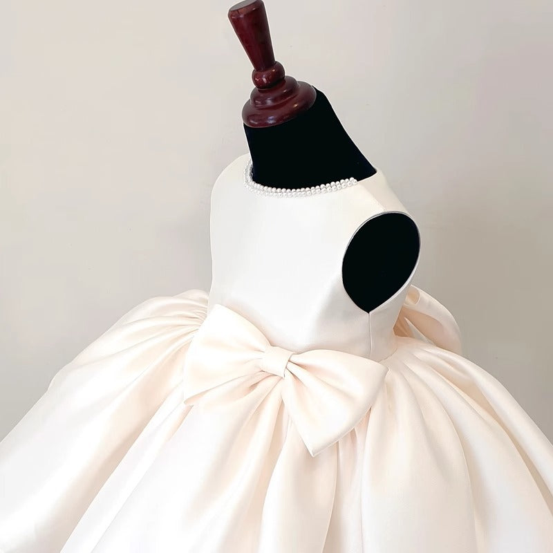 Abito Cerimonia Bambina Avorio Gonna Ampia, Fiocco e Collo di Perle