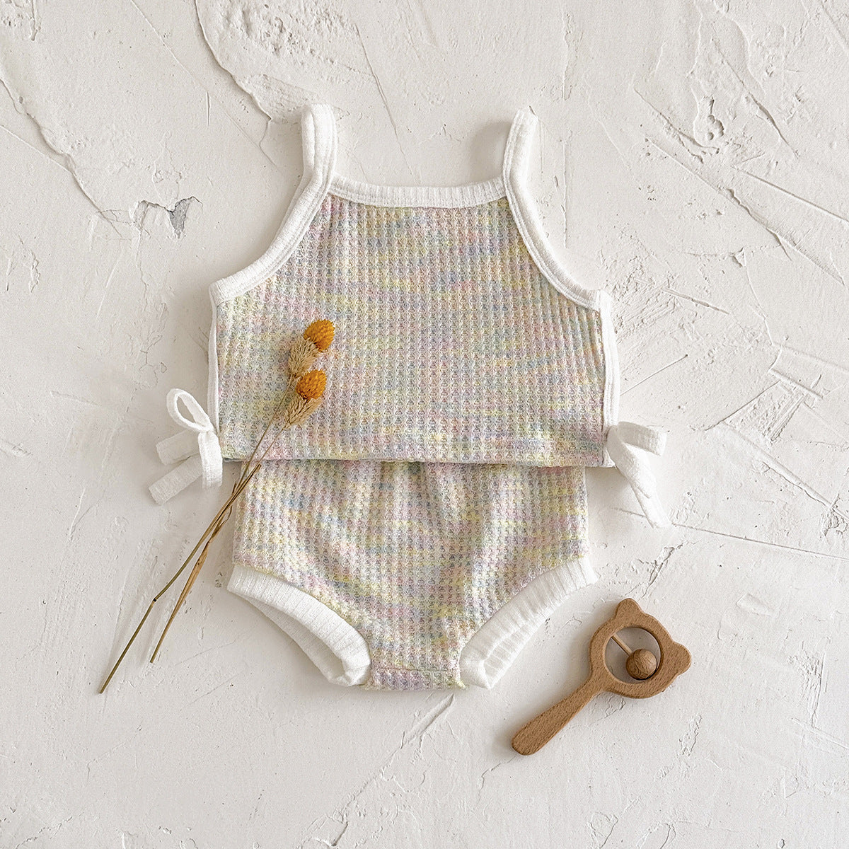 Coordinato estivo neonata in maglia waffle con fiocchi laterali