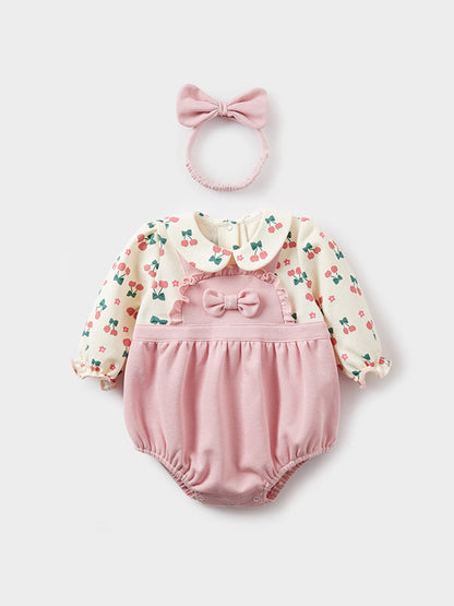 Completo Neonata Pagliaccetto Rosa con Camicetta Ciliegie e Fascia