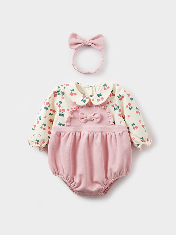 Completo Neonata Pagliaccetto Rosa con Camicetta Ciliegie e Fascia