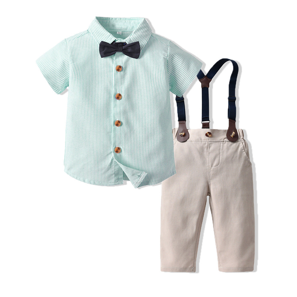 Completo Elegante per Bambino con Camicia manica corta , Bretelle e Papillon Azzurro