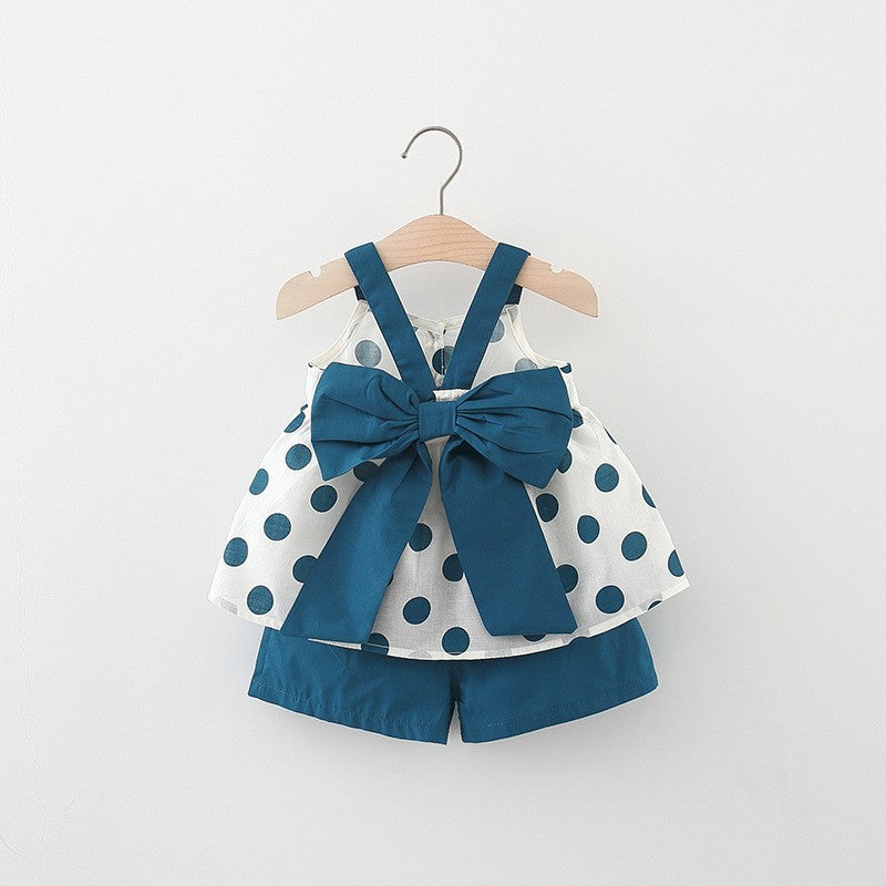 Completo bambina 2 pezzi  Top a pois con maxi fiocco + shorts Blu