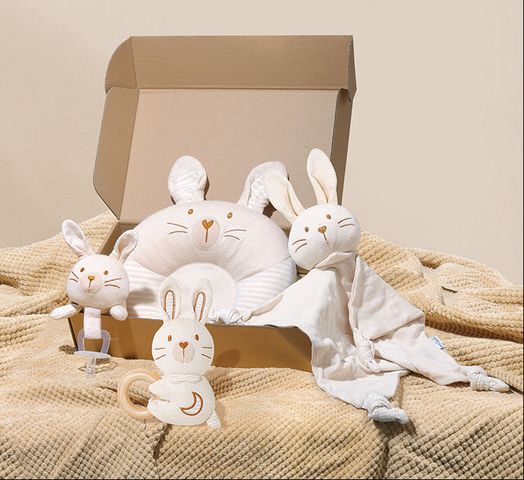 Set Regalo Neonato/a Neutro Coniglietto in Cotone – Cuscino, Peluche e Accessori