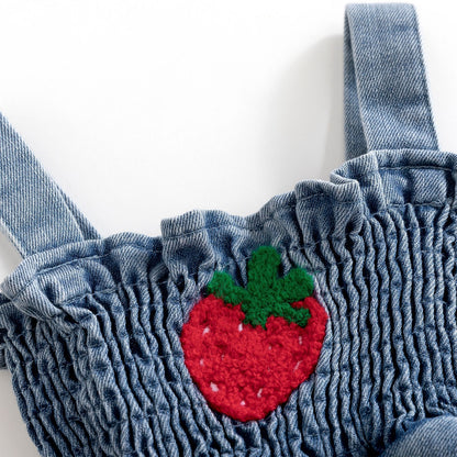 Abitino in Jeans per Bambina con Fragola Ricamata e Volant