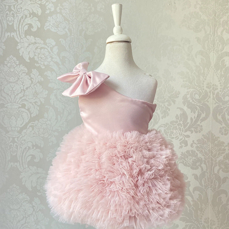 Abito Cerimonia Bambina Monospalla – Tulle Voluminoso e Fiocco in Raso