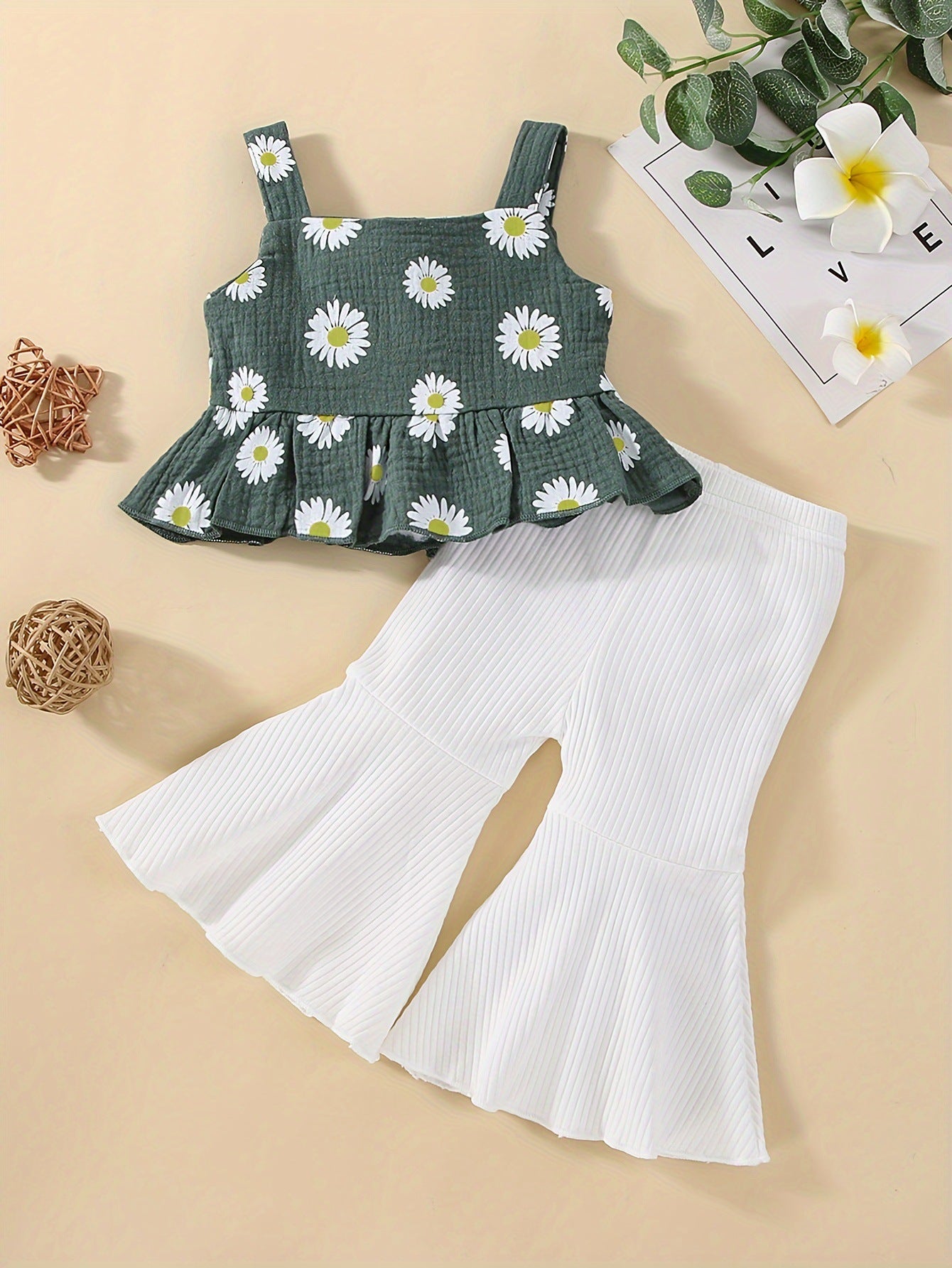 Completo Estivo Bambina  Top a Fiori e Pantaloni a Zampa