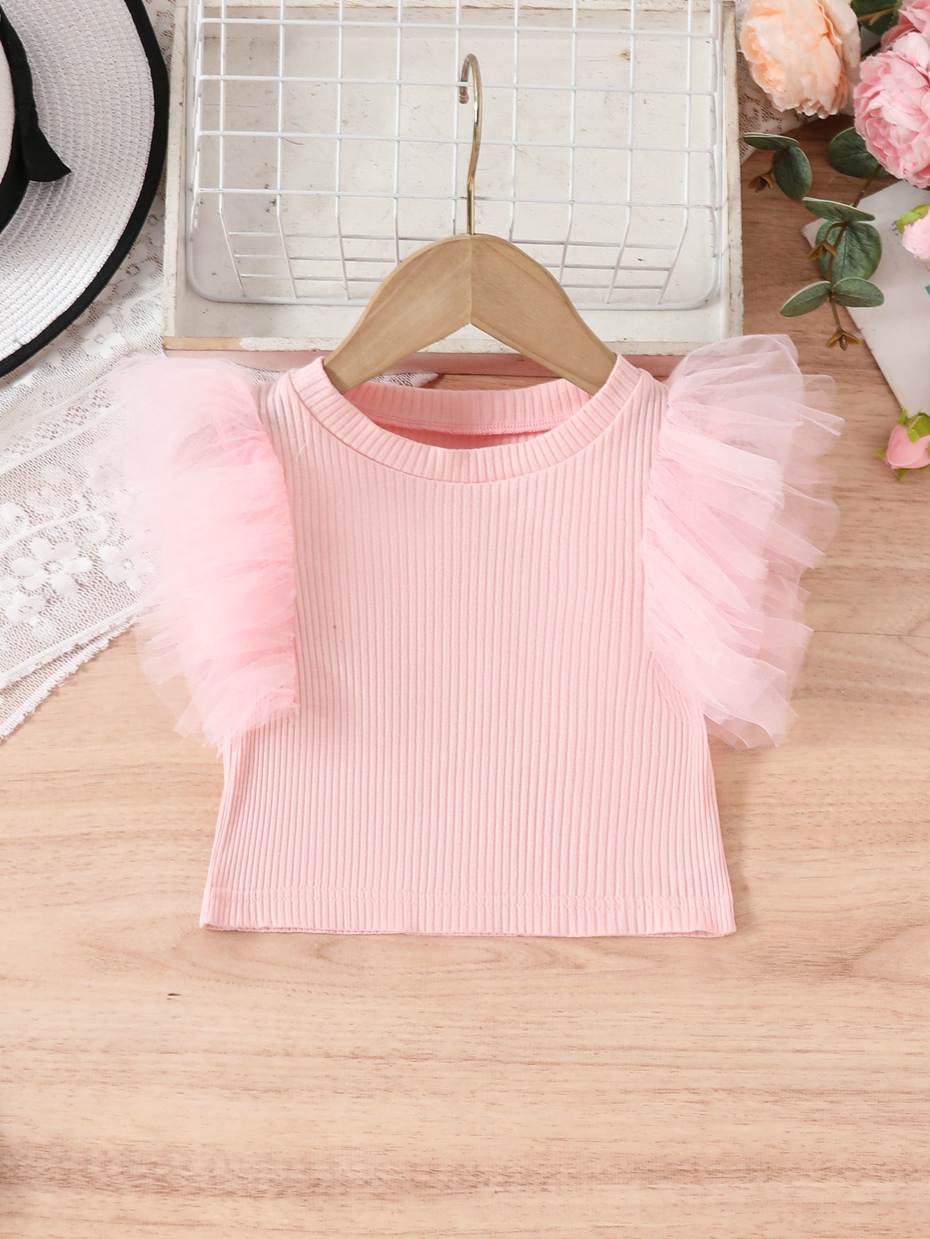 Top Bimba  a Costine con Maniche Volant in Tulle