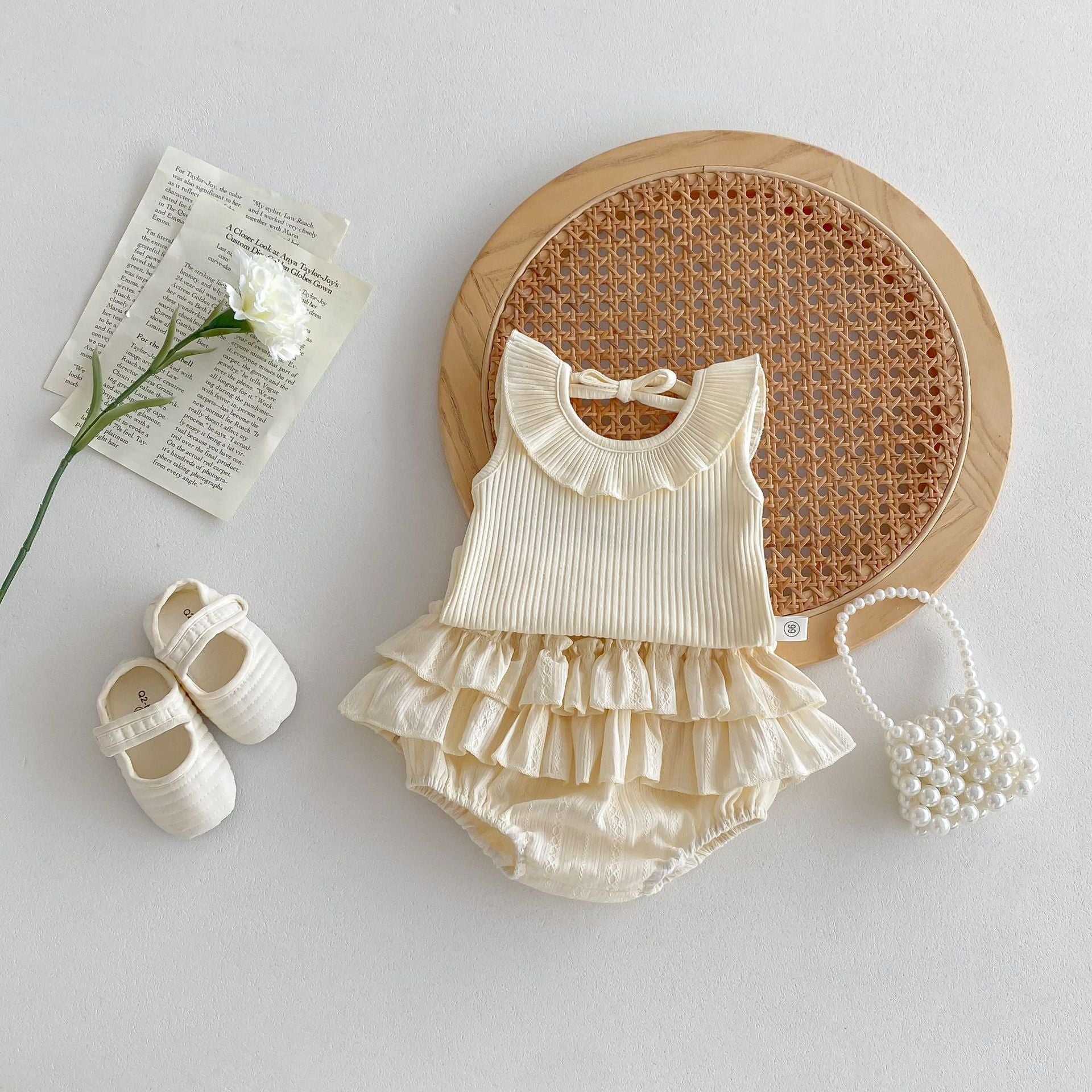 Completo 2pz Neonata blusa e Gonna a Balze e Colletto Arricciato  Eleganza Panna