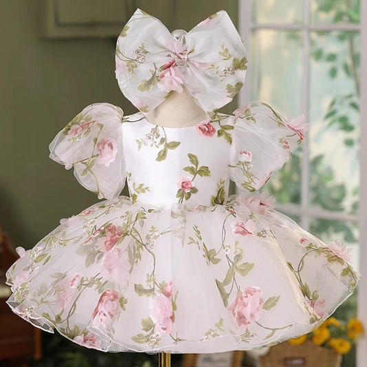 Abito Elegante Bimba con Fiori Rosa e Maxi Fiocco