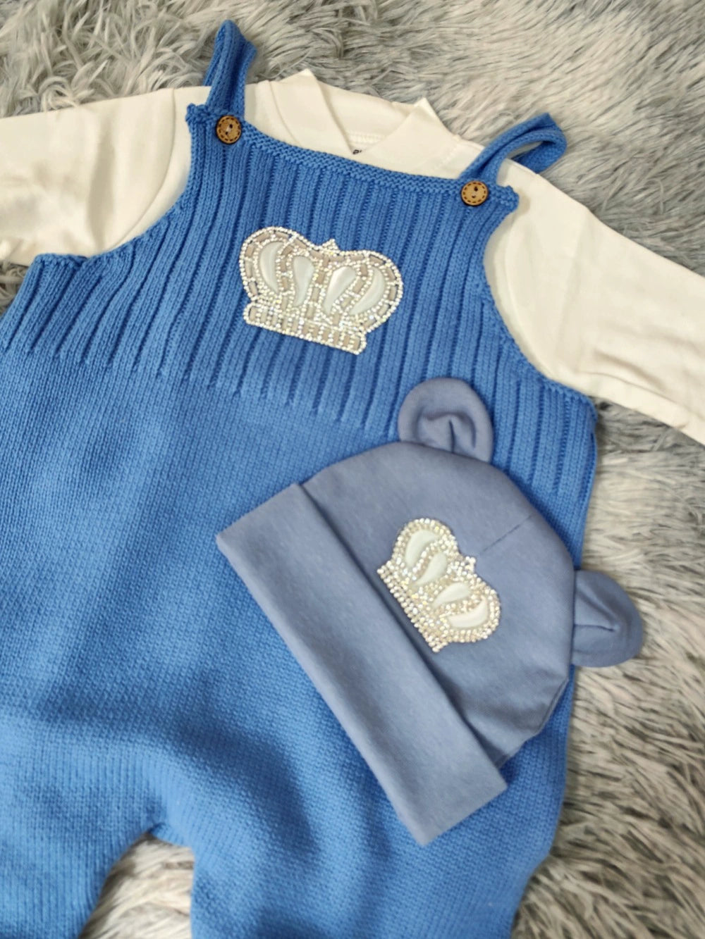 Completo tutina neonato principe azzurro con corona Salopette + Body + Cappellino