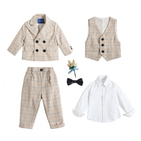 Completo Elegante a Quadri Beige per Bambini - 5 Pezzi