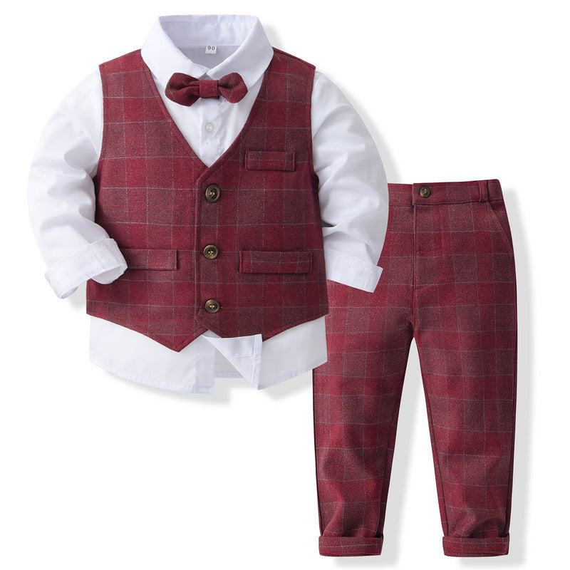 Completo Elegante Bambino 3 Pezzi  Gilet e Pantalone Quadrettato Rosso con Camicia e Papillon