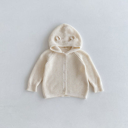 Cardigan Neutro Bimba/ Bimbo con Cappuccio e Orecchie – Maglia Morbida in Cotone