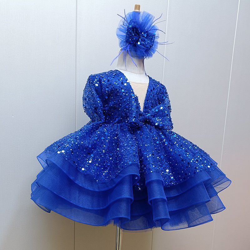 Abito da Cerimonia Bambina Blu Elettrico con Paillettes, Balze e Fascia Coordinata