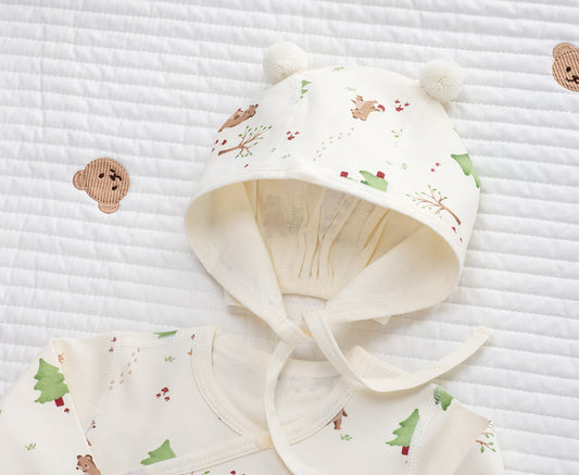 Cappellino Estivo  Neutro Neonato/ a con laccetti –  Fantasia Bosco