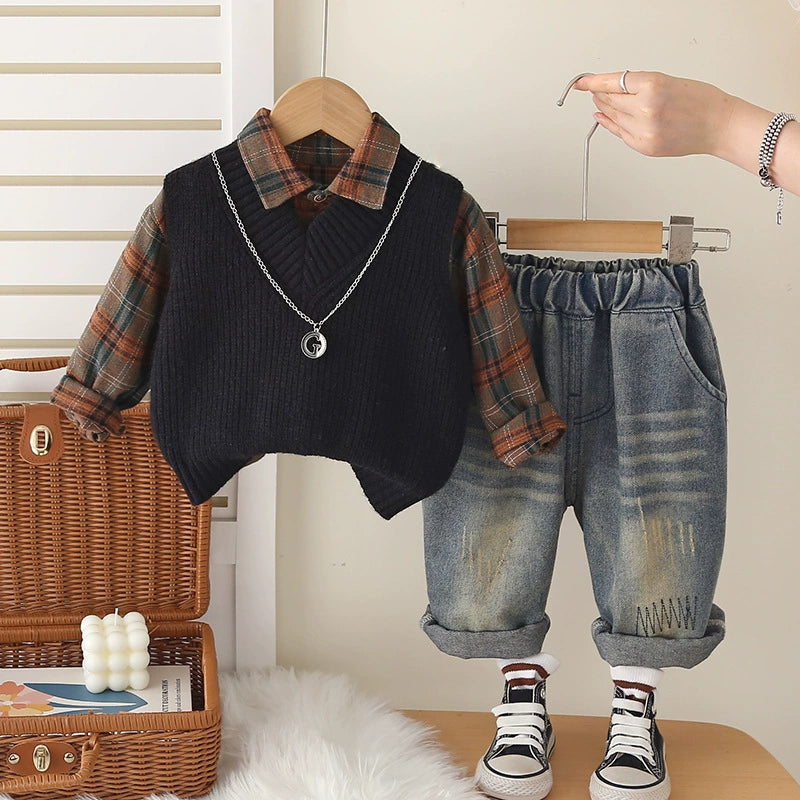 Completo Bimbo 3 pezzi Scozzese & Maglioncino – Autunno/Inverno