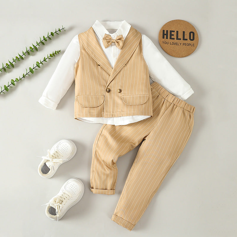 Completo Elegante Bambino   3 Pezzi con Gilet a Righe e Papillon