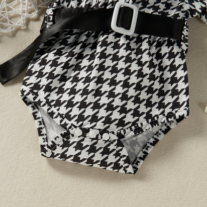 Body Elegante Bambina con Cintura e Fiocco  Fantasia Pied de Poule