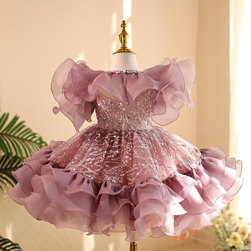 Abito elegante bambina lilla con volant e paillettes