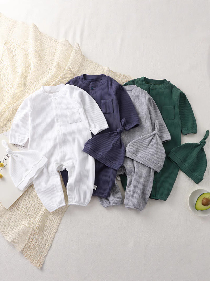 Tutina neonato in cotone a costine con cappellino