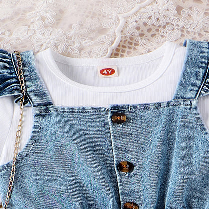 Completo Bambina con Salopette in Denim Decorata e T-Shirt Bianca