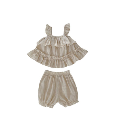 Completo in lino Estivo 2 Pezzi Neonata – Top con Balze e Pizzo  + Shorts Coordinati