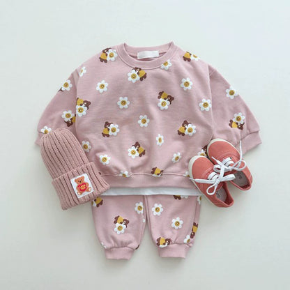 Completo Bimba/Bimbo "Teddy & Flower" – Felpa e Pantaloni con Stampa Orsetti e Margherite
