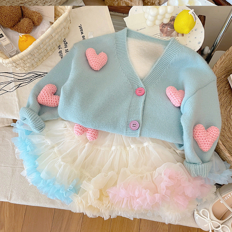 Cardigan Bambina con Cuori 3D – Maglioncino Morbido in Maglia