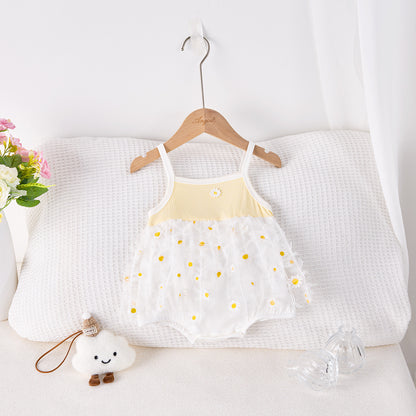 Pagliaccetto Estivo Neonata/ Bimba con Gonnellina in Tulle – Stampa Margherite