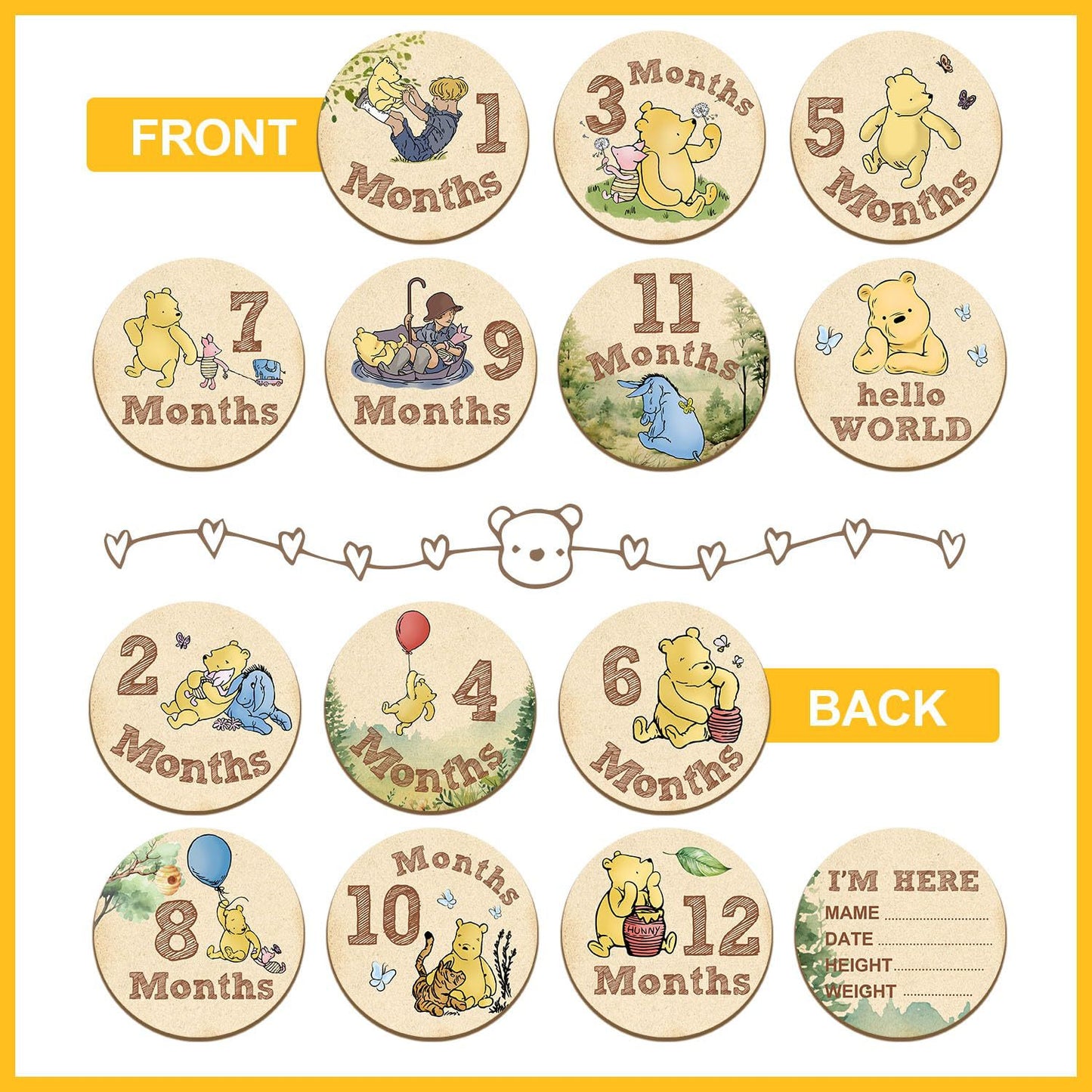 Carte Mese in Legno Winnie the Pooh Vintage – 12 Mesi + Nascita