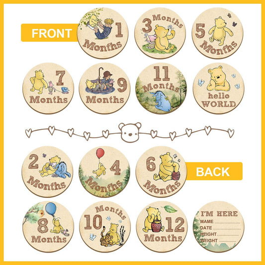 Carte Mese in Legno Winnie the Pooh Vintage – 12 Mesi + Nascita