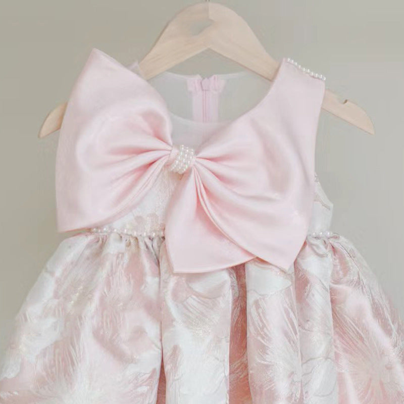 Vestito Elegante Bambina Rosa Cipria con Fiocco  Cerimonia & Occasioni Speciali