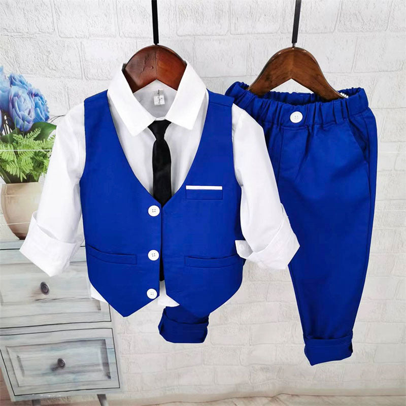 Completo Elegante Bimbo 3 Pezzi – Gilet Blu Royal, Camicia Bianca e Pantaloni