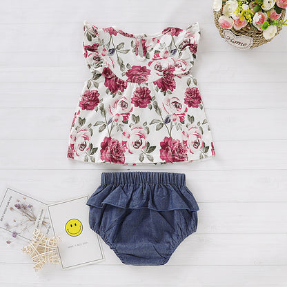 Maglietta con Rose e Culotte in Denim con Fiocco